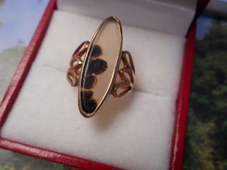 Vintage 10k Rose Gold And 24x7.  5mm Unique Natural Agate Long Gate Ring Size 3.  75