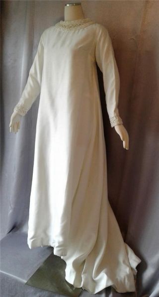 Miss Betsy Vintage 1960s Regency Beaded Ivory Raw Silk Dress Wedding Gown