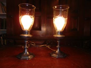 Vintage Table Lamps Silver Candle Sticks Etched Glass Hurricane Light Pair Old