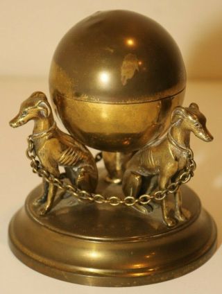 Vintage Brass Greyhound Whippet Dogs And Globe Inkwell