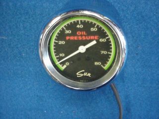 Vintage Sun Green Line Oil Pressure Gauge W/ Chrome Cup Mechanical Chevy Ford