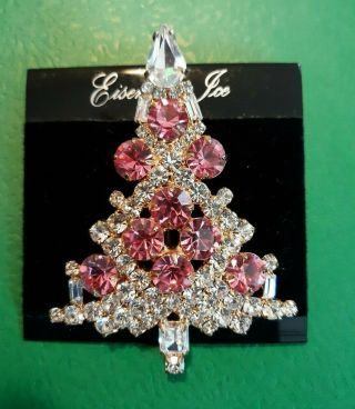 Eisenberg Ice Pink And Clear Rhinestone Christmas Tree Pin Brooch.