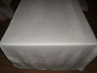 106x64 Vtg Antique White Irish Linen Double Damask Tablecloth