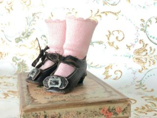 Great Antique Black Leather Doll Shoes With Socks & Heels French Or German Doll