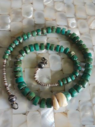 Vintage Antique Old Pawn Turquoise Shell Sterling Silver Heishi 18 " Necklace