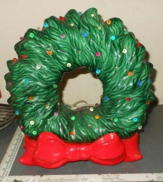 Vintage Multicolored Light Up Ceramic Christmas Wreath W/ Red Bow Base