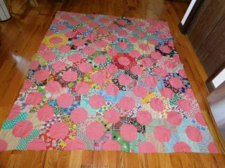 Pink Bow Tie Octagon Quilt Top Vintage Cotton Prints Handmade Hand Stitched