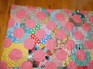Pink Bow Tie Octagon Quilt Top Vintage Cotton Prints Handmade Hand Stitched 2