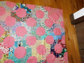 Pink Bow Tie Octagon Quilt Top Vintage Cotton Prints Handmade Hand Stitched 3