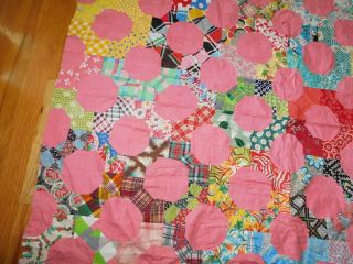 Pink Bow Tie Octagon Quilt Top Vintage Cotton Prints Handmade Hand Stitched 4