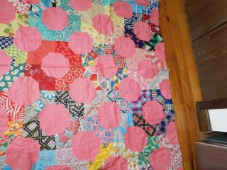 Pink Bow Tie Octagon Quilt Top Vintage Cotton Prints Handmade Hand Stitched 5