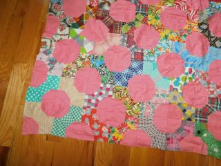 Pink Bow Tie Octagon Quilt Top Vintage Cotton Prints Handmade Hand Stitched 6