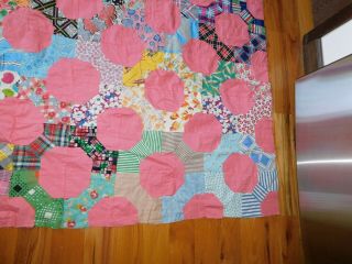 Pink Bow Tie Octagon Quilt Top Vintage Cotton Prints Handmade Hand Stitched 7