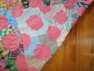 Pink Bow Tie Octagon Quilt Top Vintage Cotton Prints Handmade Hand Stitched 8