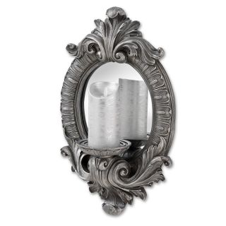 Antique Style Distressed Silver Grey Wall Oval Mirror With Pillar Candle Holder