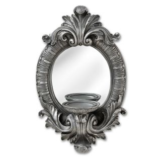 Antique Style Distressed Silver Grey Wall Oval Mirror with Pillar Candle Holder 4