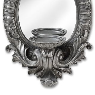 Antique Style Distressed Silver Grey Wall Oval Mirror with Pillar Candle Holder 5
