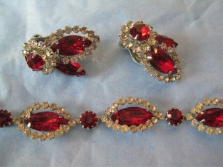 Weiss Set Red & Clear Rhinestone Bracelet & Clip Earrings