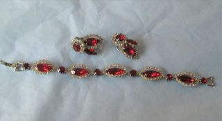 Weiss Set Red & Clear Rhinestone Bracelet & Clip Earrings 2