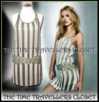 Vtg Kate Moss Topshop 20s Flapper Dress Beaded 30s Gatsby Jazz Age Art Deco Uk14