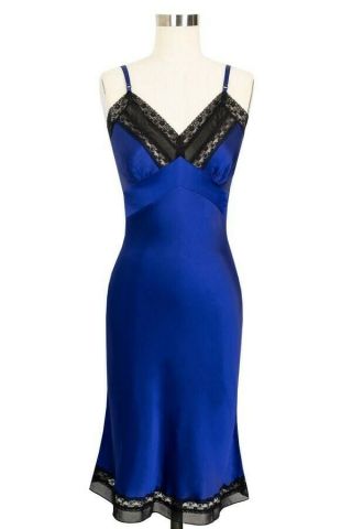 Trashy Diva Viv Slip Dress Dark Blue Silk Vintage 1940s Retro L Large