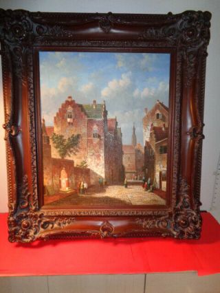 Vintage Oil On Canvas Painting Of Old Dutch Street Scene With People (20 By 24 "