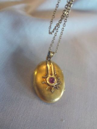 Antique Victorian Gold Filled Locket & Chain - Red Faceted Stone