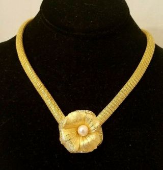 Vintage Christian Dior Gold Tone Mesh Necklace W/ Rhinestone & Faux Pearl Flower