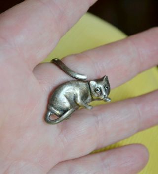 Fabulous vintage artisan sterling silver CAT ring 7.  5 - 8 bas relief quirky kitten 4