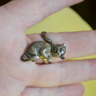 Fabulous vintage artisan sterling silver CAT ring 7.  5 - 8 bas relief quirky kitten 6