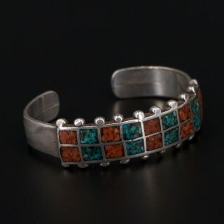 Vtg Sterling Silver - Navajo Turquoise Coral Inlay 6 " Cuff Bracelet - 35.  5g