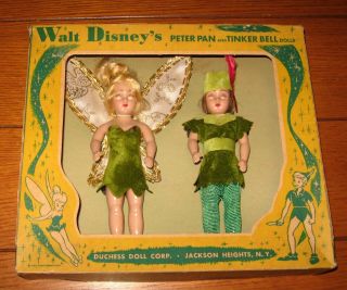 Walt Disney ' s VINTAGE Peter Pan and Tinker Bell Dolls Circa 1950 W/ Box 2