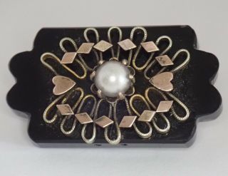 Antique Victorian 10k Gold Onyx Pearl Pin