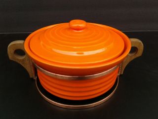 Rare Vintage Modern Bauer Pottery Orange Ringware Casserole Dish W Holder Stand