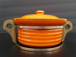 Rare Vintage Modern Bauer Pottery Orange Ringware Casserole Dish W Holder Stand 2