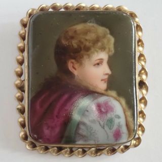 Antique Victorian Gold Filled Hand Painted Portrait Miniature Lady Brooch
