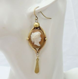 Pair Antique Victorian Gold Metal & Carved Shell Cameo Pendant Earrings
