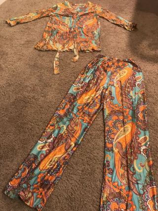 Authentic 70s Womens Disco Polyester High End 2 Piece Pant Suit/ Vibrant Colors