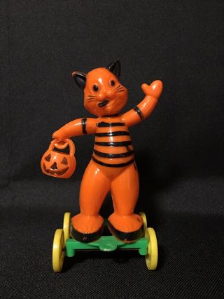 Rosbro Rosen Hard Plastic Vintage Halloween Cat On Wheels Candy Container
