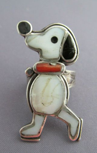 Rare Vintage Long Old Pawn Sterling Zuni Inlay Snoopy Peanuts Ring Size 5.  5 7.  7g
