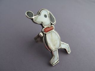 RARE VINTAGE LONG OLD PAWN STERLING ZUNI INLAY SNOOPY PEANUTS RING SIZE 5.  5 7.  7g 2
