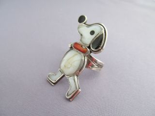 RARE VINTAGE LONG OLD PAWN STERLING ZUNI INLAY SNOOPY PEANUTS RING SIZE 5.  5 7.  7g 3