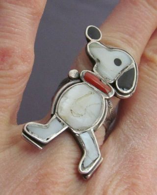 RARE VINTAGE LONG OLD PAWN STERLING ZUNI INLAY SNOOPY PEANUTS RING SIZE 5.  5 7.  7g 6