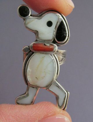 RARE VINTAGE LONG OLD PAWN STERLING ZUNI INLAY SNOOPY PEANUTS RING SIZE 5.  5 7.  7g 8