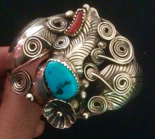 Vintage Native American Navajo Sterling Silver Coral Turquoise Cuff Bracelet