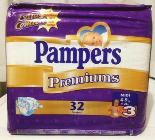 Vintage Pampers Premiums 32 Diapers 4 - 9 Kg (9 - 20 Lbs) Extra Comfort Nos