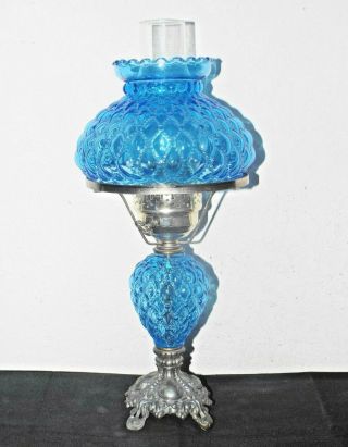 Gone With The Wind A 19 " Vintage Fancy Blue Glass Diamond Pattern Hurricane Lamp