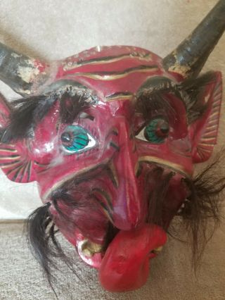 Vintage Mexican Folk Art Tribal Mask Hand Carved Wood Devil Face W Horns.