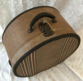 RARE VTG 1930 ' s TWEED Hard SUITCASE LUGGAGE Hat Hatbox Train CASE STRIPES KEY 4