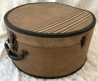 RARE VTG 1930 ' s TWEED Hard SUITCASE LUGGAGE Hat Hatbox Train CASE STRIPES KEY 7